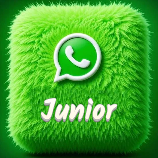Cubo gigante cubierto de suave pelaje verde con el logotipo blanco de WhatsApp en 3D incrustado. Nombre en blanco suave que sigue la textura del pelaje en la parte inferior. Diseño con el nombre Junior.