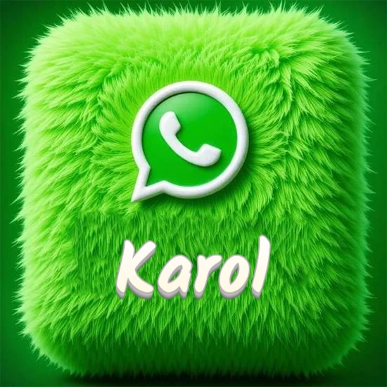 Cubo gigante cubierto de suave pelaje verde con el logotipo blanco de WhatsApp en 3D incrustado. Nombre en blanco suave que sigue la textura del pelaje en la parte inferior. Diseño con el nombre Karol.