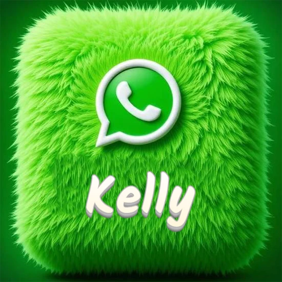 Cubo gigante cubierto de suave pelaje verde con el logotipo blanco de WhatsApp en 3D incrustado. Nombre en blanco suave que sigue la textura del pelaje en la parte inferior. Diseño con el nombre Kelly.