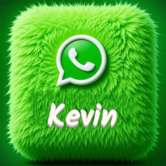 Cubo gigante cubierto de suave pelaje verde con el logotipo blanco de WhatsApp en 3D incrustado. Nombre en blanco suave que sigue la textura del pelaje en la parte inferior. Diseño con el nombre Kevin.