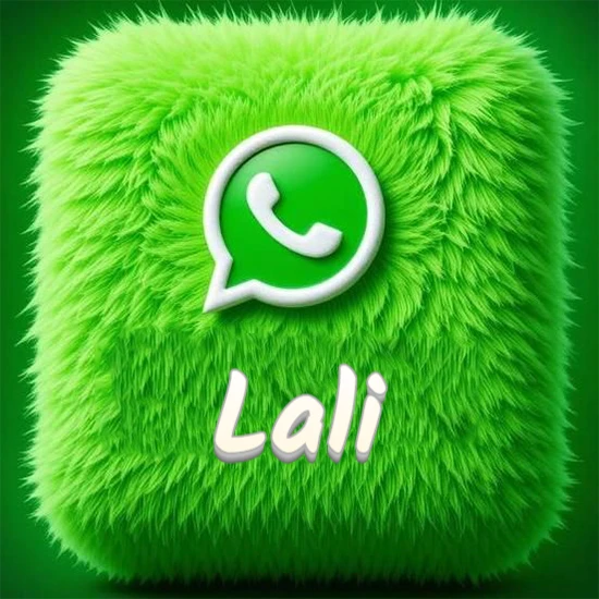 Cubo gigante cubierto de suave pelaje verde con el logotipo blanco de WhatsApp en 3D incrustado. Nombre en blanco suave que sigue la textura del pelaje en la parte inferior. Diseño con el nombre Lali.