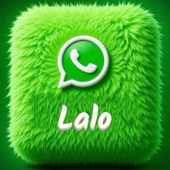 Cubo gigante cubierto de suave pelaje verde con el logotipo blanco de WhatsApp en 3D incrustado. Nombre en blanco suave que sigue la textura del pelaje en la parte inferior. Diseño con el nombre Lalo.