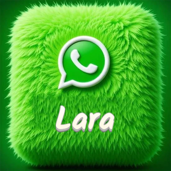 Cubo gigante cubierto de suave pelaje verde con el logotipo blanco de WhatsApp en 3D incrustado. Nombre en blanco suave que sigue la textura del pelaje en la parte inferior. Diseño con el nombre Lara.