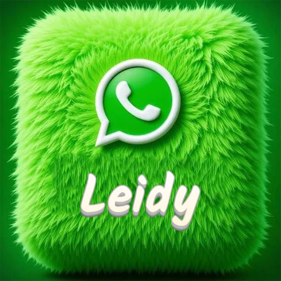 Cubo gigante cubierto de suave pelaje verde con el logotipo blanco de WhatsApp en 3D incrustado. Nombre en blanco suave que sigue la textura del pelaje en la parte inferior. Diseño con el nombre Leidy.