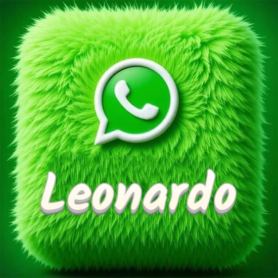 Cubo gigante cubierto de suave pelaje verde con el logotipo blanco de WhatsApp en 3D incrustado. Nombre en blanco suave que sigue la textura del pelaje en la parte inferior. Diseño con el nombre Leonardo.