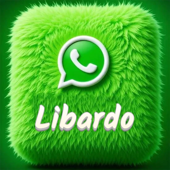 Cubo gigante cubierto de suave pelaje verde con el logotipo blanco de WhatsApp en 3D incrustado. Nombre en blanco suave que sigue la textura del pelaje en la parte inferior. Diseño con el nombre Libardo.