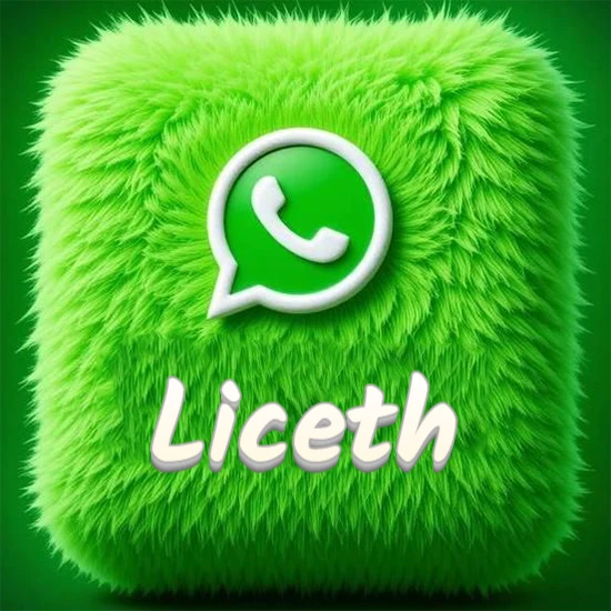 Cubo gigante cubierto de suave pelaje verde con el logotipo blanco de WhatsApp en 3D incrustado. Nombre en blanco suave que sigue la textura del pelaje en la parte inferior. Diseño con el nombre Liceth.