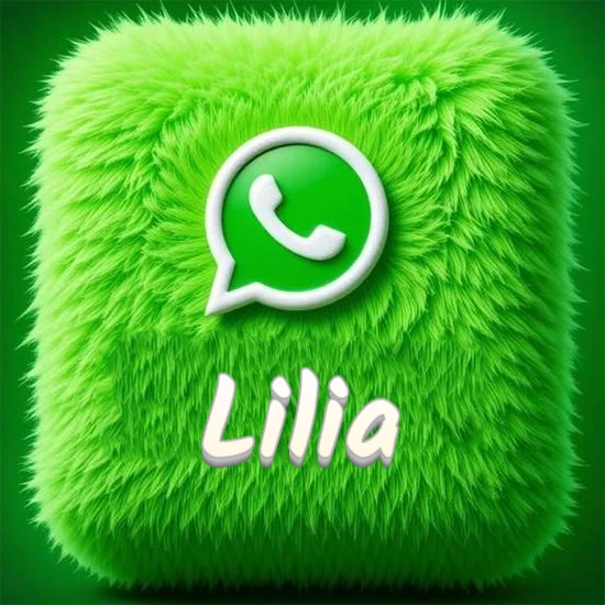 Cubo gigante cubierto de suave pelaje verde con el logotipo blanco de WhatsApp en 3D incrustado. Nombre en blanco suave que sigue la textura del pelaje en la parte inferior. Diseño con el nombre Lilia.