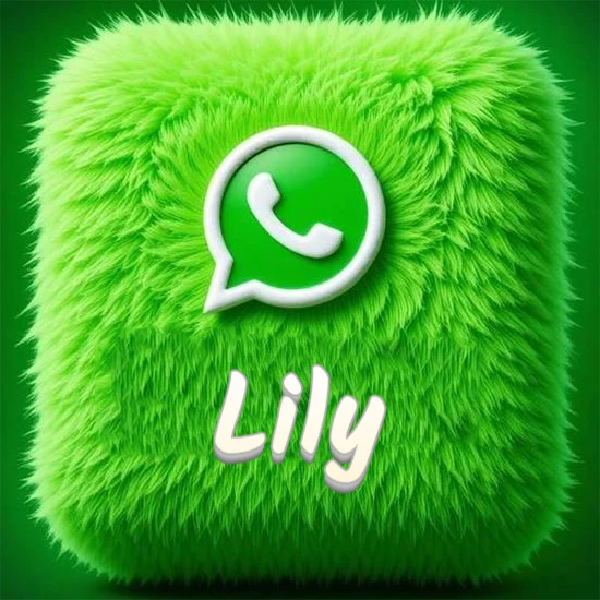 Cubo gigante cubierto de suave pelaje verde con el logotipo blanco de WhatsApp en 3D incrustado. Nombre en blanco suave que sigue la textura del pelaje en la parte inferior. Diseño con el nombre Lily.