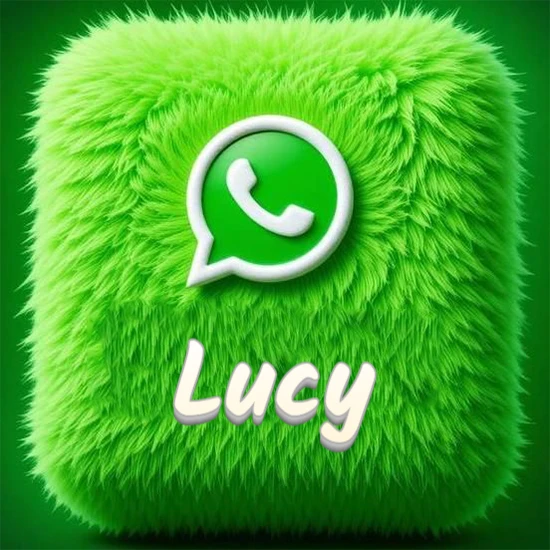 Cubo gigante cubierto de suave pelaje verde con el logotipo blanco de WhatsApp en 3D incrustado. Nombre en blanco suave que sigue la textura del pelaje en la parte inferior. Diseño con el nombre Lucy.