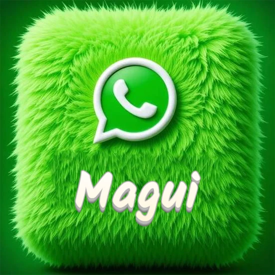 Cubo gigante cubierto de suave pelaje verde con el logotipo blanco de WhatsApp en 3D incrustado. Nombre en blanco suave que sigue la textura del pelaje en la parte inferior. Diseño con el nombre Magui.