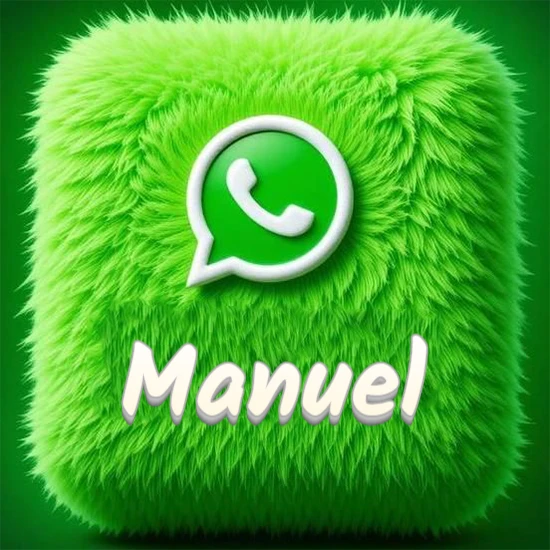 Cubo gigante cubierto de suave pelaje verde con el logotipo blanco de WhatsApp en 3D incrustado. Nombre en blanco suave que sigue la textura del pelaje en la parte inferior. Diseño con el nombre Manuel.