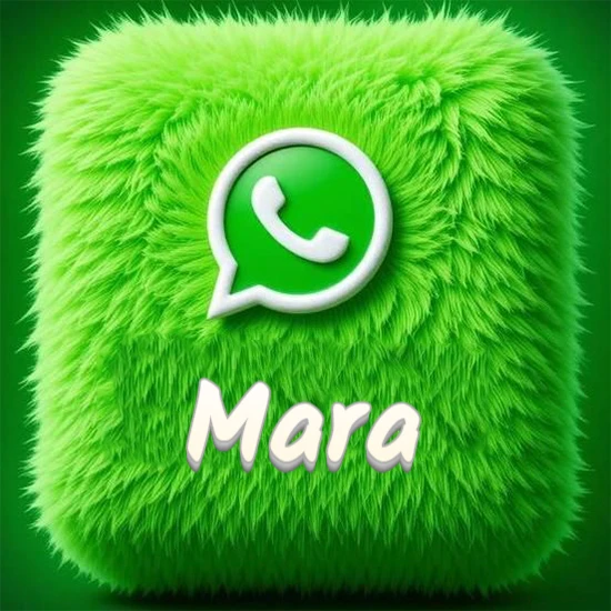 Cubo gigante cubierto de suave pelaje verde con el logotipo blanco de WhatsApp en 3D incrustado. Nombre en blanco suave que sigue la textura del pelaje en la parte inferior. Diseño con el nombre Mara.