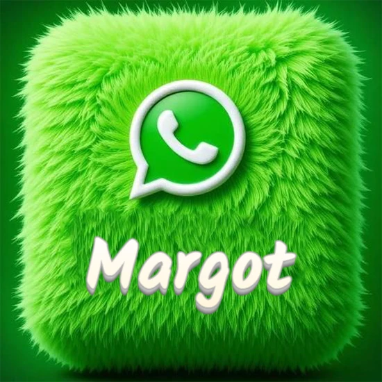 Cubo gigante cubierto de suave pelaje verde con el logotipo blanco de WhatsApp en 3D incrustado. Nombre en blanco suave que sigue la textura del pelaje en la parte inferior. Diseño con el nombre Margot.