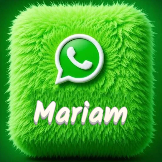 Cubo gigante cubierto de suave pelaje verde con el logotipo blanco de WhatsApp en 3D incrustado. Nombre en blanco suave que sigue la textura del pelaje en la parte inferior. Diseño con el nombre Mariam.