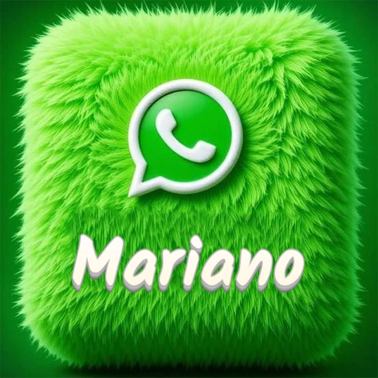 Cubo gigante cubierto de suave pelaje verde con el logotipo blanco de WhatsApp en 3D incrustado. Nombre en blanco suave que sigue la textura del pelaje en la parte inferior. Diseño con el nombre Mariano.