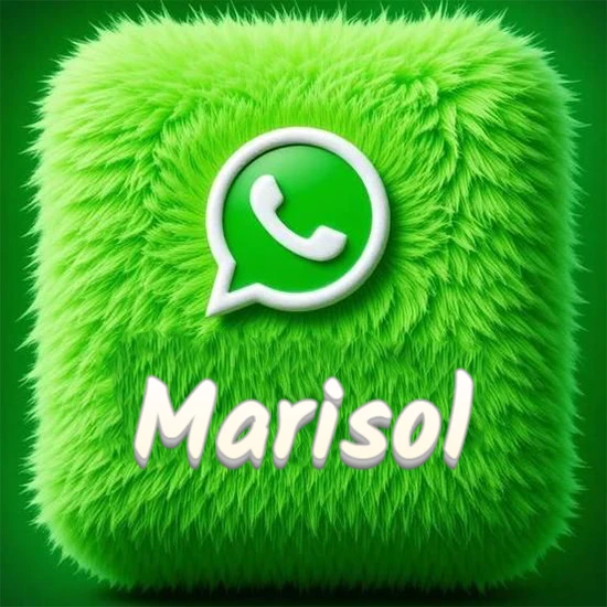 Cubo gigante cubierto de suave pelaje verde con el logotipo blanco de WhatsApp en 3D incrustado. Nombre en blanco suave que sigue la textura del pelaje en la parte inferior. Diseño con el nombre Marisol.