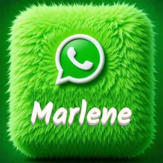 Cubo gigante cubierto de suave pelaje verde con el logotipo blanco de WhatsApp en 3D incrustado. Nombre en blanco suave que sigue la textura del pelaje en la parte inferior. Diseño con el nombre Marlene.