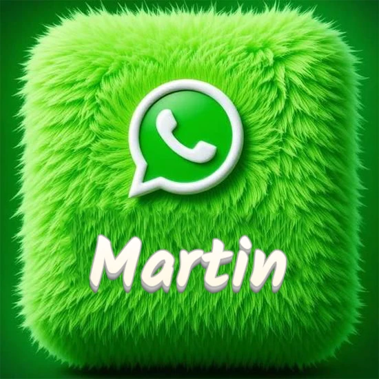 Cubo gigante cubierto de suave pelaje verde con el logotipo blanco de WhatsApp en 3D incrustado. Nombre en blanco suave que sigue la textura del pelaje en la parte inferior. Diseño con el nombre Martin.