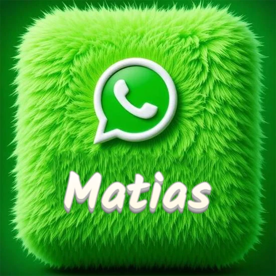 Cubo gigante cubierto de suave pelaje verde con el logotipo blanco de WhatsApp en 3D incrustado. Nombre en blanco suave que sigue la textura del pelaje en la parte inferior. Diseño con el nombre Matias.