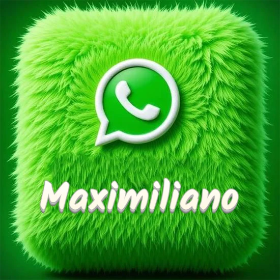 Cubo gigante cubierto de suave pelaje verde con el logotipo blanco de WhatsApp en 3D incrustado. Nombre en blanco suave que sigue la textura del pelaje en la parte inferior. Diseño con el nombre Maximiliano.