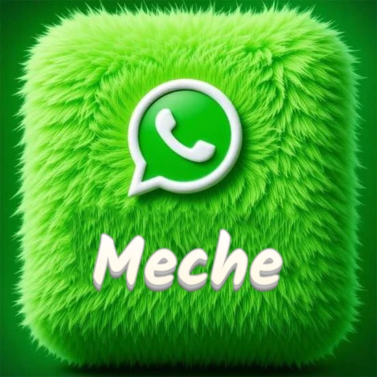 Cubo gigante cubierto de suave pelaje verde con el logotipo blanco de WhatsApp en 3D incrustado. Nombre en blanco suave que sigue la textura del pelaje en la parte inferior. Diseño con el nombre Meche.