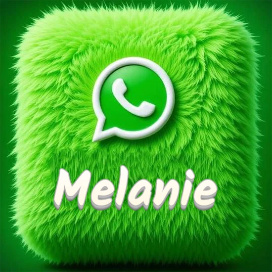 Cubo gigante cubierto de suave pelaje verde con el logotipo blanco de WhatsApp en 3D incrustado. Nombre en blanco suave que sigue la textura del pelaje en la parte inferior. Diseño con el nombre Melanie.