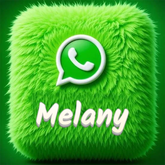 Cubo gigante cubierto de suave pelaje verde con el logotipo blanco de WhatsApp en 3D incrustado. Nombre en blanco suave que sigue la textura del pelaje en la parte inferior. Diseño con el nombre Melany.