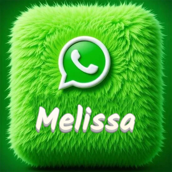 Cubo gigante cubierto de suave pelaje verde con el logotipo blanco de WhatsApp en 3D incrustado. Nombre en blanco suave que sigue la textura del pelaje en la parte inferior. Diseño con el nombre Melissa.