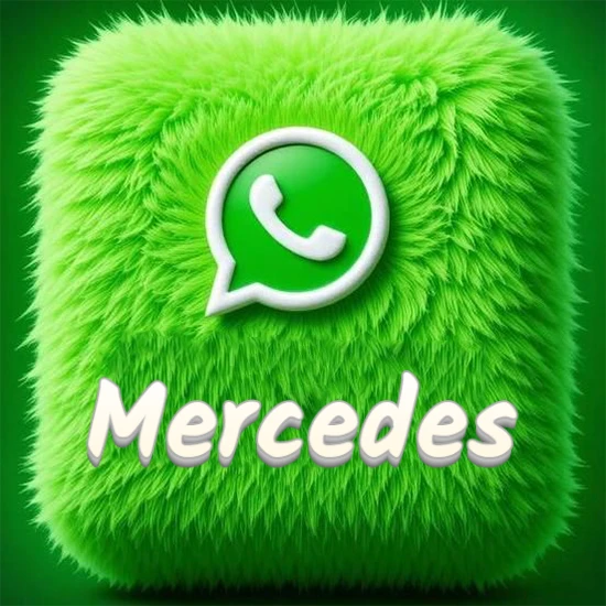 Cubo gigante cubierto de suave pelaje verde con el logotipo blanco de WhatsApp en 3D incrustado. Nombre en blanco suave que sigue la textura del pelaje en la parte inferior. Diseño con el nombre Mercedes.