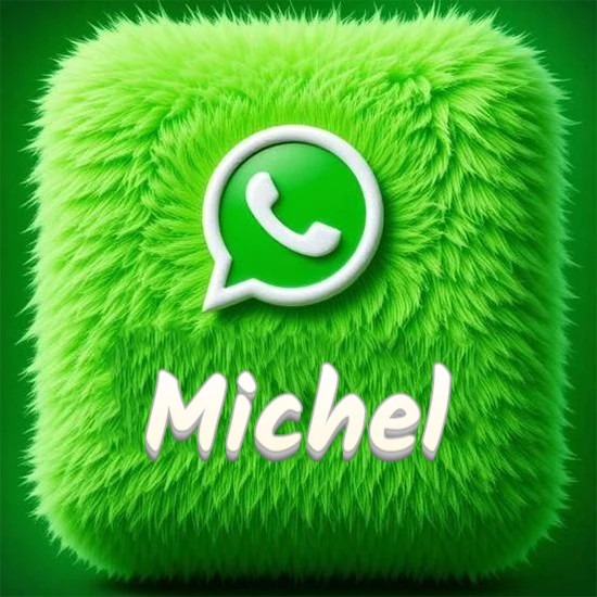 Cubo gigante cubierto de suave pelaje verde con el logotipo blanco de WhatsApp en 3D incrustado. Nombre en blanco suave que sigue la textura del pelaje en la parte inferior. Diseño con el nombre Michel.