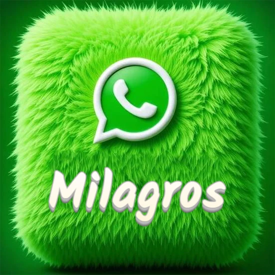 Cubo gigante cubierto de suave pelaje verde con el logotipo blanco de WhatsApp en 3D incrustado. Nombre en blanco suave que sigue la textura del pelaje en la parte inferior. Diseño con el nombre Milagros.