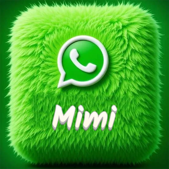 Cubo gigante cubierto de suave pelaje verde con el logotipo blanco de WhatsApp en 3D incrustado. Nombre en blanco suave que sigue la textura del pelaje en la parte inferior. Diseño con el nombre Mimi.