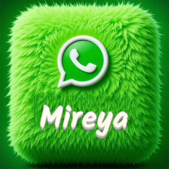 Cubo gigante cubierto de suave pelaje verde con el logotipo blanco de WhatsApp en 3D incrustado. Nombre en blanco suave que sigue la textura del pelaje en la parte inferior. Diseño con el nombre Mireya.