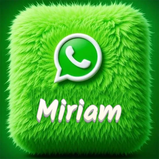 Cubo gigante cubierto de suave pelaje verde con el logotipo blanco de WhatsApp en 3D incrustado. Nombre en blanco suave que sigue la textura del pelaje en la parte inferior. Diseño con el nombre Miriam.