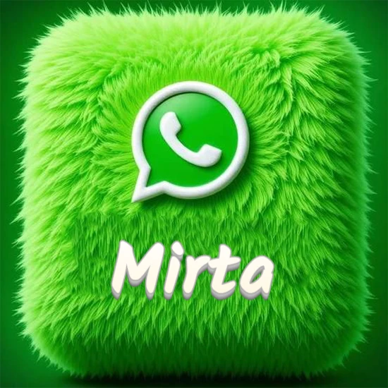 Cubo gigante cubierto de suave pelaje verde con el logotipo blanco de WhatsApp en 3D incrustado. Nombre en blanco suave que sigue la textura del pelaje en la parte inferior. Diseño con el nombre Mirta.