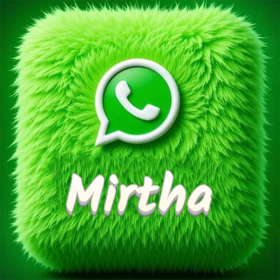 Cubo gigante cubierto de suave pelaje verde con el logotipo blanco de WhatsApp en 3D incrustado. Nombre en blanco suave que sigue la textura del pelaje en la parte inferior. Diseño con el nombre Mirtha.