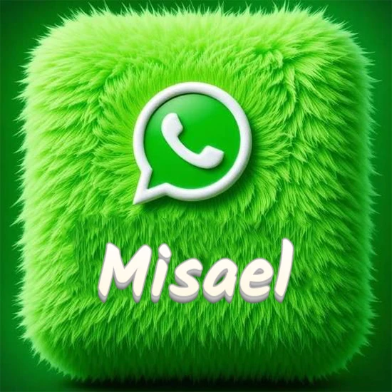 Cubo gigante cubierto de suave pelaje verde con el logotipo blanco de WhatsApp en 3D incrustado. Nombre en blanco suave que sigue la textura del pelaje en la parte inferior. Diseño con el nombre Misael.
