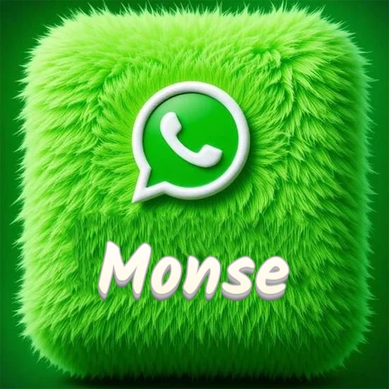 Cubo gigante cubierto de suave pelaje verde con el logotipo blanco de WhatsApp en 3D incrustado. Nombre en blanco suave que sigue la textura del pelaje en la parte inferior. Diseño con el nombre Monse.