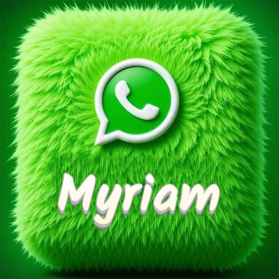 Cubo gigante cubierto de suave pelaje verde con el logotipo blanco de WhatsApp en 3D incrustado. Nombre en blanco suave que sigue la textura del pelaje en la parte inferior. Diseño con el nombre Myriam.