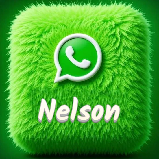 Cubo gigante cubierto de suave pelaje verde con el logotipo blanco de WhatsApp en 3D incrustado. Nombre en blanco suave que sigue la textura del pelaje en la parte inferior. Diseño con el nombre Nelson.