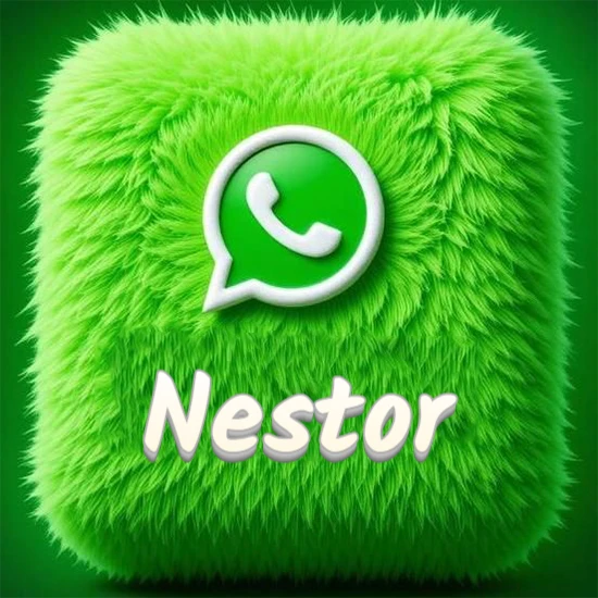 Cubo gigante cubierto de suave pelaje verde con el logotipo blanco de WhatsApp en 3D incrustado. Nombre en blanco suave que sigue la textura del pelaje en la parte inferior. Diseño con el nombre Nestor.
