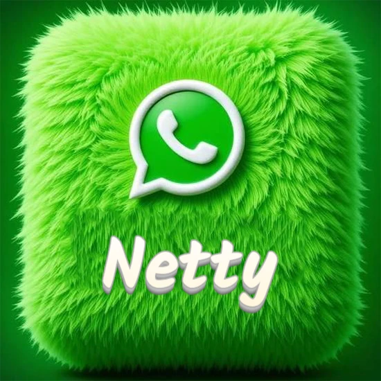 Cubo gigante cubierto de suave pelaje verde con el logotipo blanco de WhatsApp en 3D incrustado. Nombre en blanco suave que sigue la textura del pelaje en la parte inferior. Diseño con el nombre Netty.