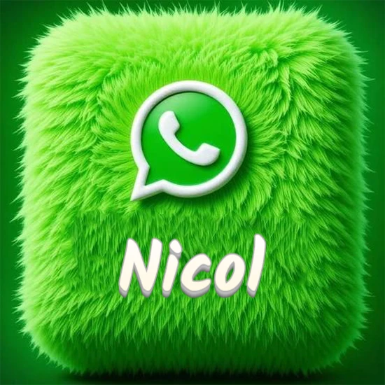 Cubo gigante cubierto de suave pelaje verde con el logotipo blanco de WhatsApp en 3D incrustado. Nombre en blanco suave que sigue la textura del pelaje en la parte inferior. Diseño con el nombre Nicol.