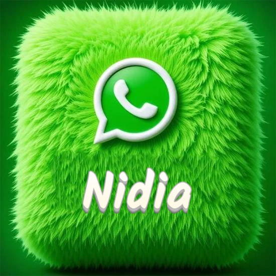 Cubo gigante cubierto de suave pelaje verde con el logotipo blanco de WhatsApp en 3D incrustado. Nombre en blanco suave que sigue la textura del pelaje en la parte inferior. Diseño con el nombre Nidia.