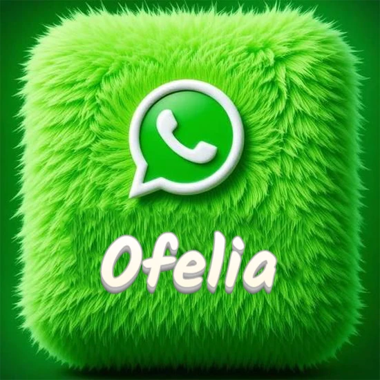Cubo gigante cubierto de suave pelaje verde con el logotipo blanco de WhatsApp en 3D incrustado. Nombre en blanco suave que sigue la textura del pelaje en la parte inferior. Diseño con el nombre Ofelia.