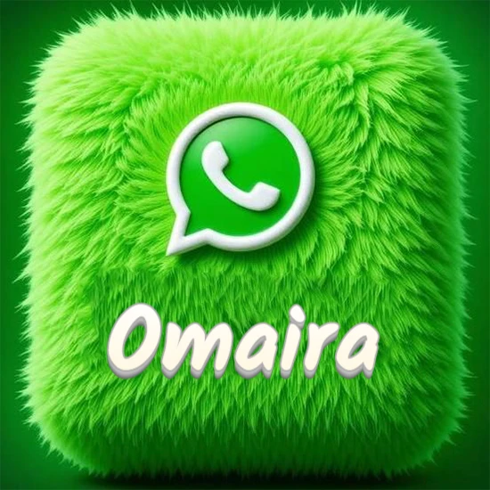 Cubo gigante cubierto de suave pelaje verde con el logotipo blanco de WhatsApp en 3D incrustado. Nombre en blanco suave que sigue la textura del pelaje en la parte inferior. Diseño con el nombre Omaira.