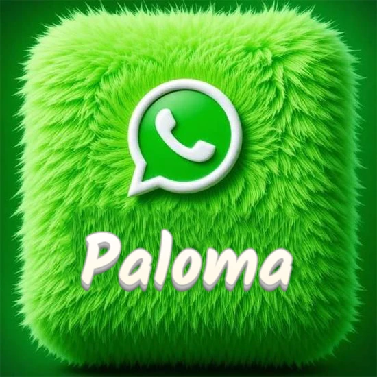 Cubo gigante cubierto de suave pelaje verde con el logotipo blanco de WhatsApp en 3D incrustado. Nombre en blanco suave que sigue la textura del pelaje en la parte inferior. Diseño con el nombre Paloma.