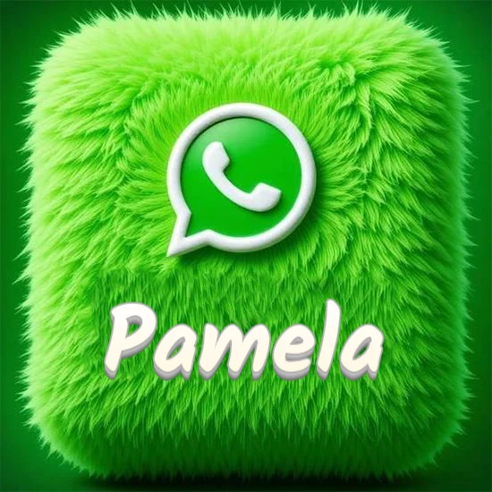 Cubo gigante cubierto de suave pelaje verde con el logotipo blanco de WhatsApp en 3D incrustado. Nombre en blanco suave que sigue la textura del pelaje en la parte inferior. Diseño con el nombre Pamela.