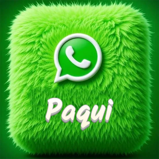 Cubo gigante cubierto de suave pelaje verde con el logotipo blanco de WhatsApp en 3D incrustado. Nombre en blanco suave que sigue la textura del pelaje en la parte inferior. Diseño con el nombre Paqui.